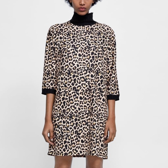 Zara Dresses & Skirts - ZARA Leopard-animal  print shift dress w mock neck